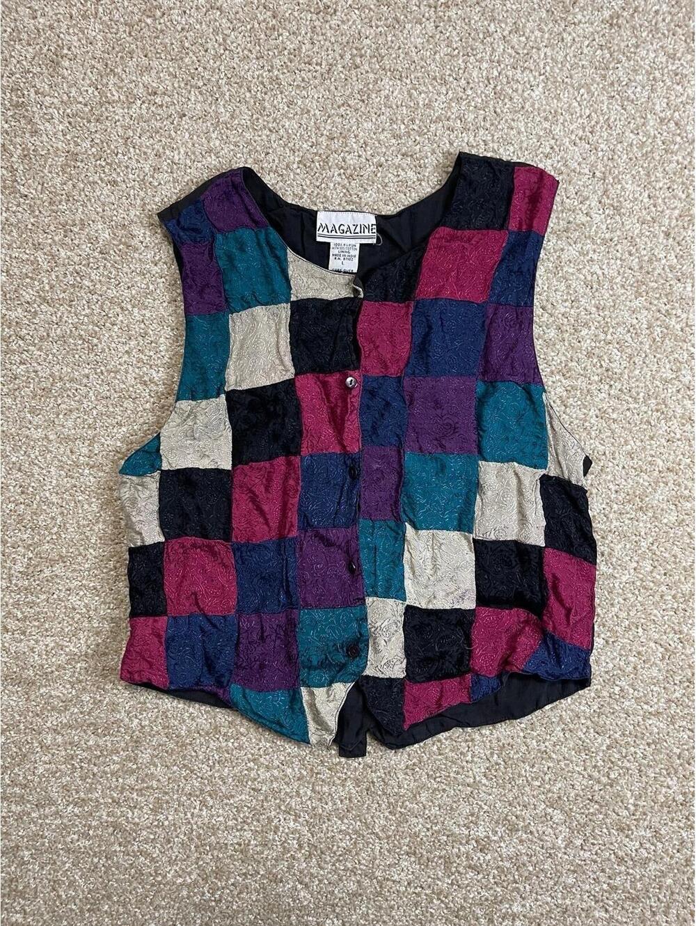 Magazine Vintage 70s Retro Vest Open Front Size L Patchwork Satin Artsy